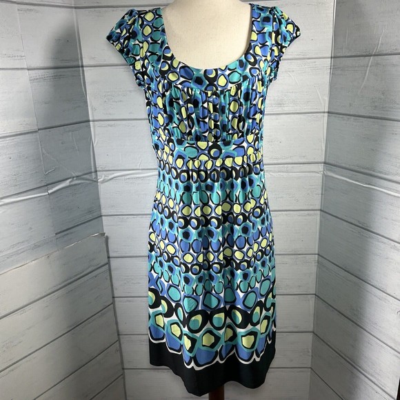 AGB Shift Dress Short Sleeve Lined Geometrical Circle Blue Yellow Size 12 Petite - Picture 1 of 12